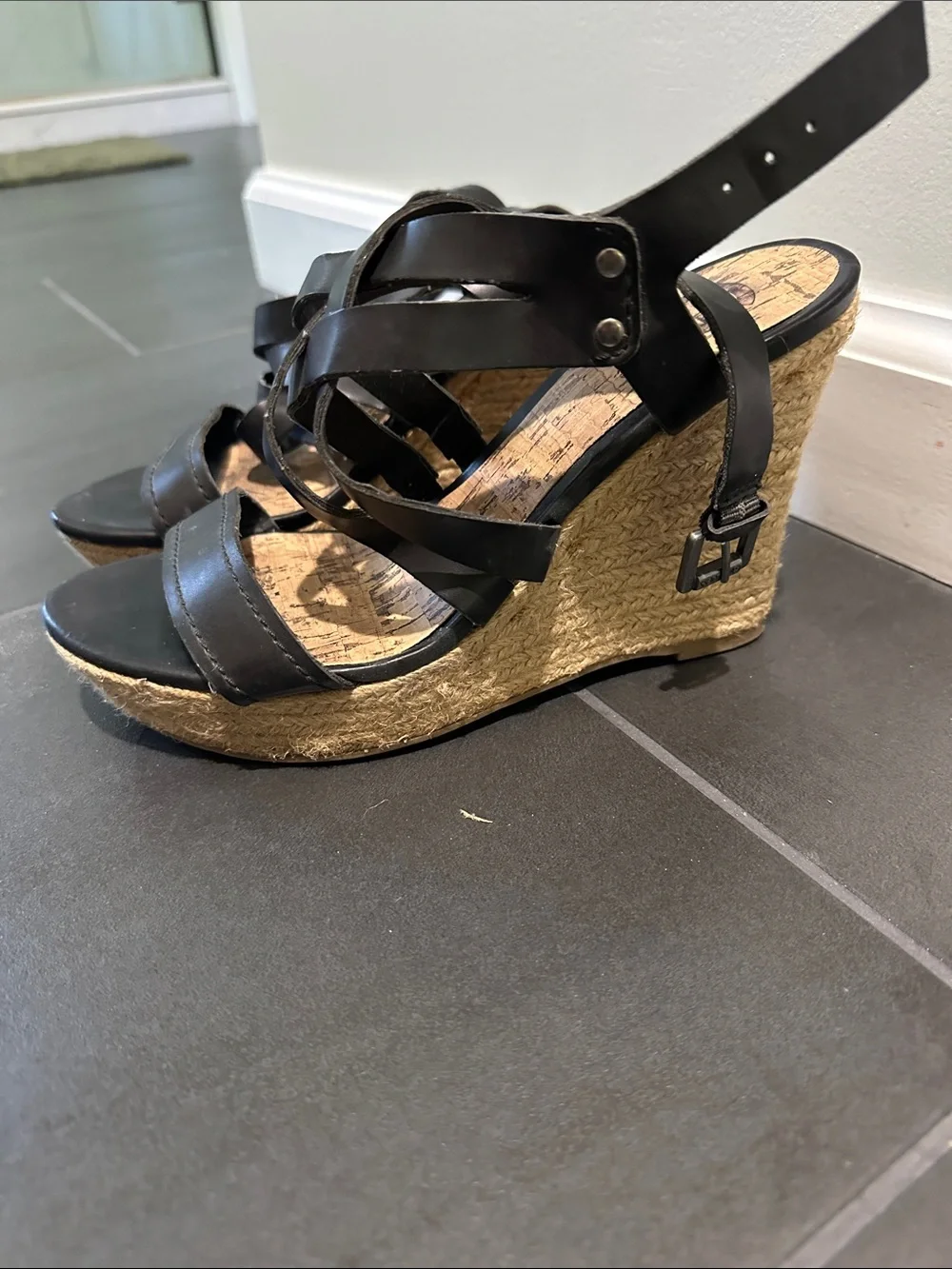 Guess Black Leather Espadrille Wedge Sandals